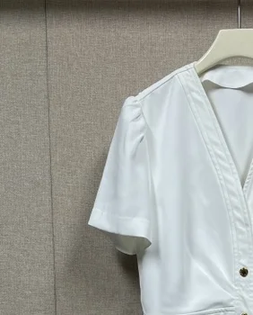 Женское летнее Новое Белое платье 2023, V-образный вырез, Короткий рукав, плиссированное облегающее Офисное Женское Элегантное мини-платье