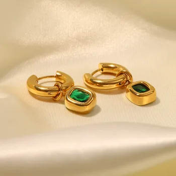 Квадратные Серьги с зеленым Цирконом из нержавеющей Стали, модные 18-каратные золотые водонепроницаемые винтажные ювелирные изделия для женщин