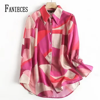 МОДНЫЕ сорочки и блузки, розовые атласные женские рубашки с цветными блоками, Весна-Осень, офисные женские блузки с длинным рукавом, топы, уличная одежда