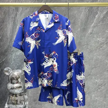 Комплект пляжных повседневных рубашек Xiahaibian бренда tide с 3D принтом crane, комплект свободных шорт с коротким рукавом для мужчин