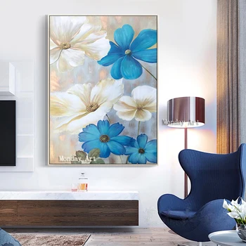Крупногабаритная Ручная Роспись Маслом в современном Абстрактном Бело-голубом цвете, Настенная Декоративная картина на холсте для гостиной