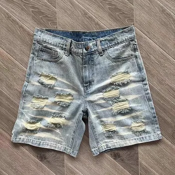 Выстиранные джинсовые шорты Hellstar Denim Для Мужчин И женщин в стиле хип-хоп Лучшего Качества, Сгоревшие Рваные винтажные аниме-шорты Kanye, Одежда