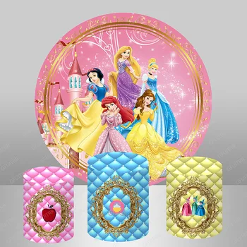 Семейный фон принцессы Диснея на заказ для девочек, украшение для вечеринки по случаю дня рождения, Круглый розовый фон, фотография для душа ребенка