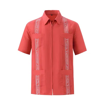 Мужские Кубинские Рубашки Guayabera с Коротким рукавом, Мексиканская Рубашка на молнии Спереди, С карманом, Футболки с коротким рукавом для Мужчин