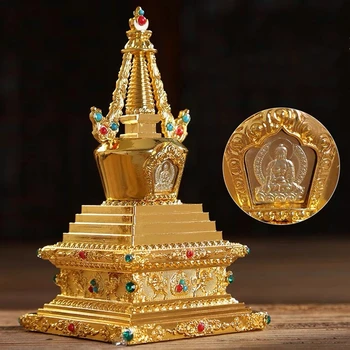 Золотая Тибетская Статуя Будды с Гравировкой Ступа Из Тантрического сплава Ручной Работы Благоприятный Буддизм Коллекция подарков для дома Настольные Декоративные