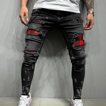Мужские стеганые джинсы с вышивкой, Обтягивающие Джинсы, Рваные джинсовые брюки-стрейч в сетку, мужские джинсовые брюки для бега в стиле пэчворк с эластичной резинкой на талии