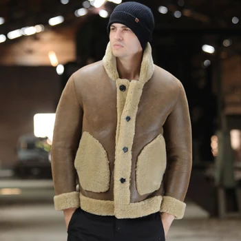 Новинка 2019 года, мужская Коричневая куртка из овчины, Короткая Кожаная куртка С Отворотом, Мужские зимние пальто, Меховое пальто