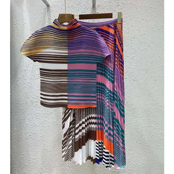 Летние Женские футболки в полоску Высокого качества в Европейском Стиле + плиссированные юбки, комплект из двух предметов F151
