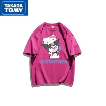 TAKARA TOMY Hello Kitty Лето 2022, Новая Хлопковая Дышащая Пара Больших Размеров, Студенческая спортивная Повседневная футболка с короткими рукавами, Топ
