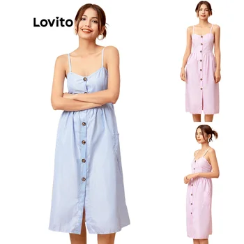 Женское платье Lovito в повседневную полоску на пуговицах L05162 (красный/синий)