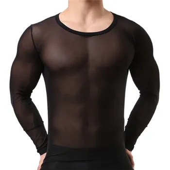 Мужская майка, сексуальная одежда для геев, нейлоновая сетка, прозрачные рубашки с длинными рукавами, мужские футболки, нижнее белье, клубная одежда
