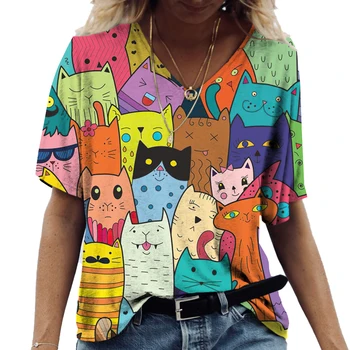 Женская футболка с принтом кота из мультфильма, Летняя футболка с коротким рукавом и V-образным вырезом, Модные повседневные футболки Kawaii, Забавная одежда для женственности с котенком