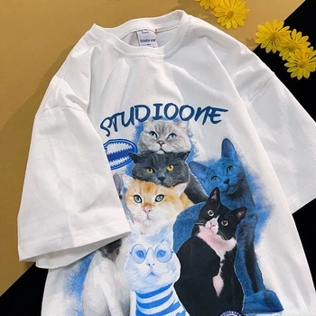 Американская кошка, хлопковые летние Свободные повседневные футболки с короткими рукавами для мужчин и женщин, простой костюм для пары, одежда Y2k
