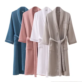 100% хлопок, вафельное махровое кимоно, халат, Домашний халат с поясом, длинные рукава, осень-зима, толстая мягкая одежда для сна, пижама