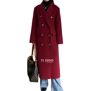 Корейское Высококачественное Красное Шерстяное Пальто с Двубортным Воротником для Костюма, Новогодняя Одежда X-long, Зимнее Утолщенное Теплое Шерстяное Пальто 2023, Новинка