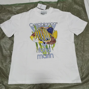 2023 Новые футболки CASABLANCA с принтом рыбы, топы с коротким рукавом, хлопковые Летние Свободные футболки 3XL для мужчин и женщин