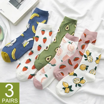 3 Пары Новых хлопчатобумажных носков с рисунком фруктов из мультфильма Harajuku Kawaii, милая клубничка, Дизайнерская Женская уличная мода, корейская версия носка