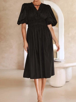 Louatui Женское Летнее Платье Миди Трапециевидной формы с коротким Пышным рукавом и V-образным вырезом, плиссированное Длинное платье-качели