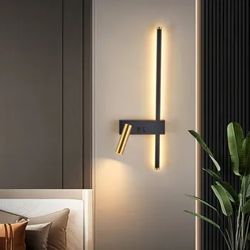Современный светодиодный настенный светильник с выключателем, черный, золотой, простой линейный светодиодный настенный светильник-бра для спальни, домашнего декора, освещения гостиной