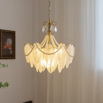 Подвесной светильник для гостиной с французским входом, Винтажный кабинет из перьевого стекла, Главная спальня, Простая атмосферная лампа с жемчужным украшением