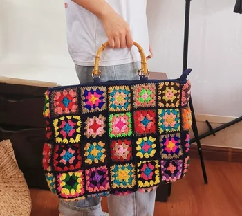 Бабушкин квадратный разноцветный большой мешок ручной работы, связанный крючком, кошелек в этническом стиле, сумочка с деревянной ручной модной тканой сумкой через плечо