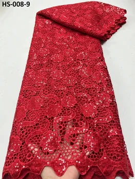 5 ярдов африканской гипюровой кружевной ткани с пайетками, Красно-белая вышивка, Нигерийская шнуровая кружевная ткань для эксклюзивного свадебного платья Birdal