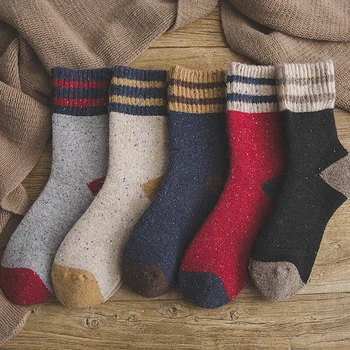 Толстые махровые шерстяные носки женские для осени и зимы из пряжи в полоску и горошек, теплые рождественские носки