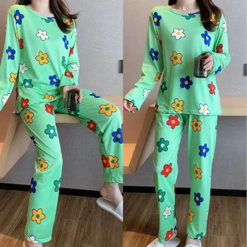 Весенне-Осенние Пижамы для Женщин и Девочек, Модные Комплекты Пижам из Искусственного Шелка с Цветочным Рисунком