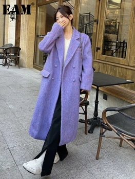 [EAM] Свободного Кроя Фиолетовое Длинное Элегантное Шерстяное пальто Большого Размера, Парки, Новое Женское Модное Пальто с Длинным рукавом, Осень-Зима 2023 1DF3550