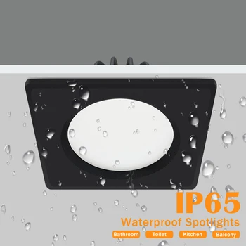 IP65 Светодиодный черный потолочный светильник, Водонепроницаемый светильник, Встраиваемые светильники, Квадратное светодиодное точечное освещение для ванной, туалета, гостиной, фойе