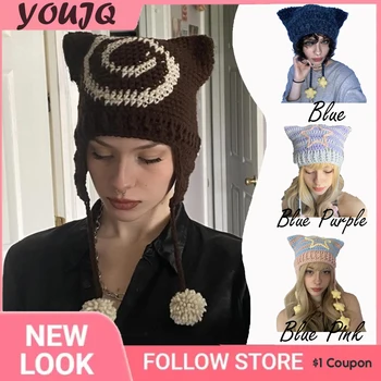 Y2K Панк-кошачьи капоты, шапки для женщин, зимняя теплая шапка с кошачьими ушками, гранж-готические шапочки, вязаная шапочка для активного отдыха, Горячая распродажа