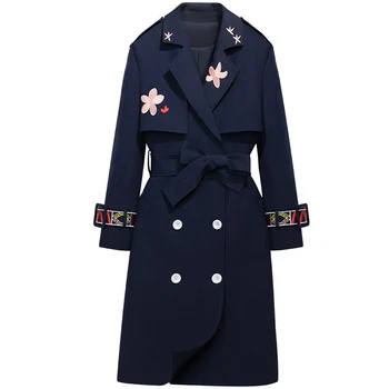 Весенняя мода, новая ветровка с вышивкой, корейская версия, приталенное двубортное пальто средней длины выше колена с длинным рукавом, осень