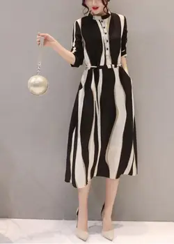2022 новая женская корейская версия облегающего шифонового платья трапециевидной формы с семиконечными рукавами в геометрическую полоску в корейскую полоску