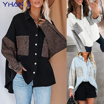 Осенняя рубашка в новом Стиле, куртка с леопардовым принтом, женская джинсовая куртка с отворотом и длинными рукавами, Повседневный женский топ Y2K, одежда