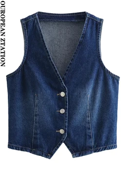 Женский модный джинсовый жилет на пуговицах спереди 2023, винтажная женская верхняя одежда без рукавов с v-образным вырезом, шикарные топы