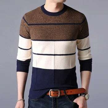 Осенне-зимний полосатый вязаный свитер Для мужчин с круглым вырезом и длинным рукавом, теплые свитера zde1707