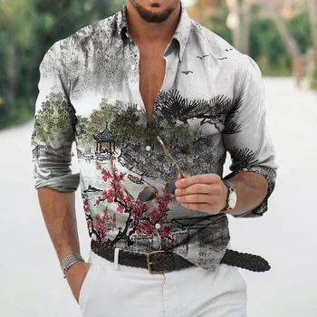 Осенние мужские гавайские рубашки с 3D принтом, повседневная рубашка с длинным рукавом, Топы в китайском стиле, футболка, Мужская блузка в стиле Харадзюку, Camisa