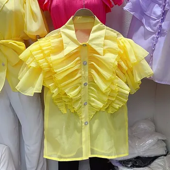 Летняя корейская женская рубашка с коротким рукавом, складками и оборками, Модный отложной воротник, однобортные однотонные свободные блузки, топы