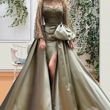 Арабское вечернее платье с круглым вырезом, расшитое жемчугом, с разрезом по бокам, с длинными рукавами, Атласные платья для выпускного вечера 2020, вечерние платья на заказ
