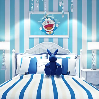 Средиземноморские синие обои Нетканая спальня Детская комната Doraemon Dingdang Cat Тема Синие обои в вертикальную полоску