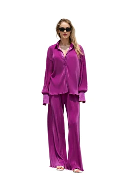 Женская Плиссированная одежда из 2 предметов, Повседневные Пляжные комплекты, Рубашка на пуговицах с длинным рукавом, Широкие брюки, Уличная одежда Zb фиолетовый