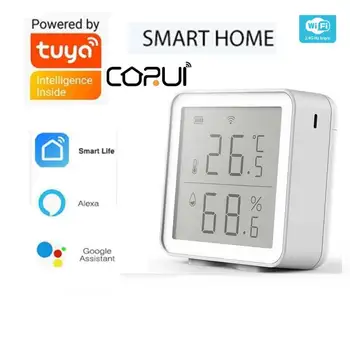 CORUI Tuya Умный WiFi Датчик температуры и влажности в доме с цифровым ЖК-дисплеем, работающий с приложением Google Home Alexa Smart Life