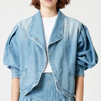 2023, весенне-летняя новая женская модная свободная куртка с отворотом на пуговицах и длинными рукавами, топ, женская короткая синяя джинсовая куртка