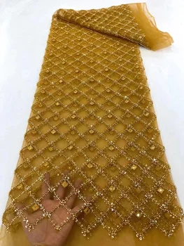Золотые Высококачественные Африканские Кружевные ткани с вышивкой из бисера, 5 Ярдов 2023, Нигерийская Тюлевая Кружевная ткань с блестками Для Свадебного платья