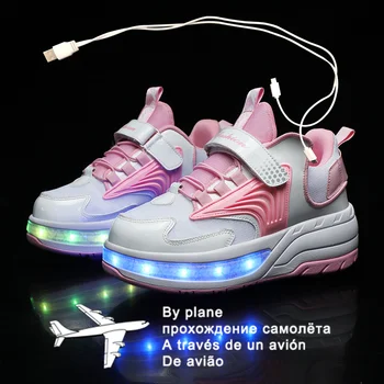 Новая Розовая модная обувь для девочек и мальчиков со светодиодной подсветкой для катания на роликовых коньках для детей, Детские кроссовки с колесами, четыре колеса
