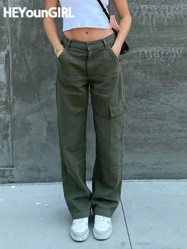 Повседневные Винтажные зеленые Брюки-карго, женские модные Хлопчатобумажные джинсы с высокой талией, Армейские военные джинсовые брюки, женские карманы